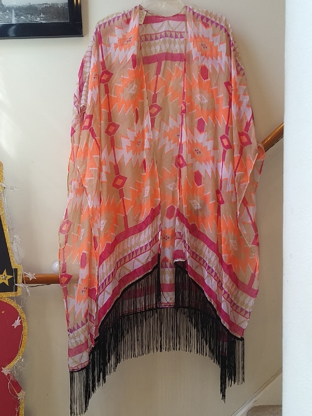 Bright Aztec Fringe Kimono/Coverup- Pink & Orange
